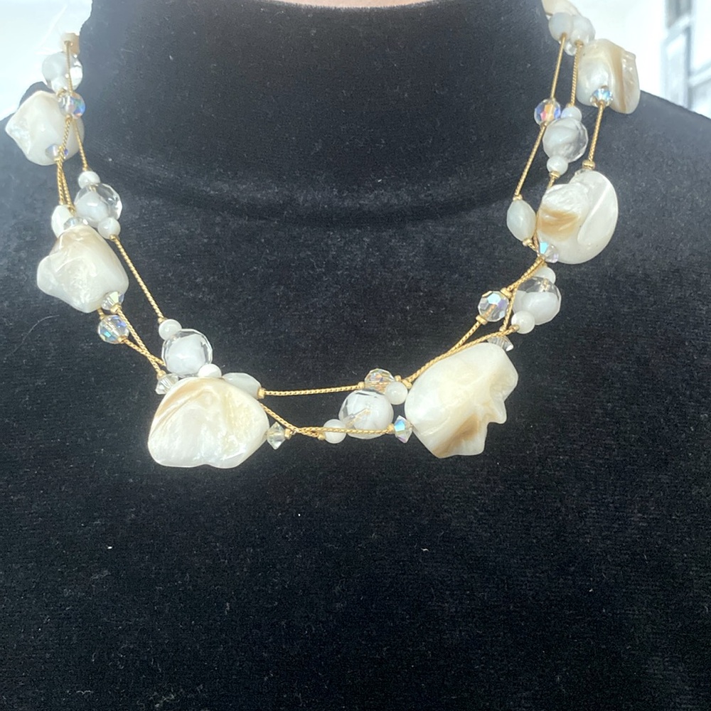 White and Gold Multi-Strand Beaded Necklace